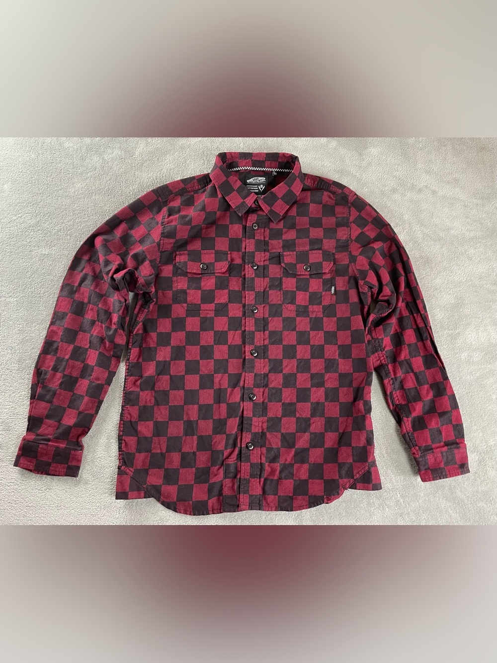 Vans Flannel Shirt Mens Large Burgundy Black Checker Long Sleeve Button Down